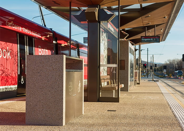 Custom bin enclosures and seats for the Canberra light rail.