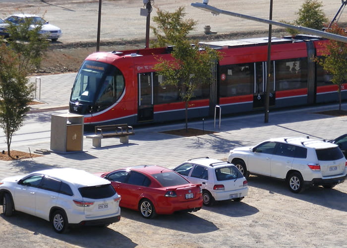 Custom bin enclosure and seat for the Canberra light rail.