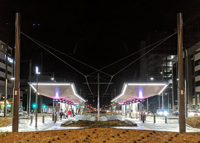Canberra Metro station at night.