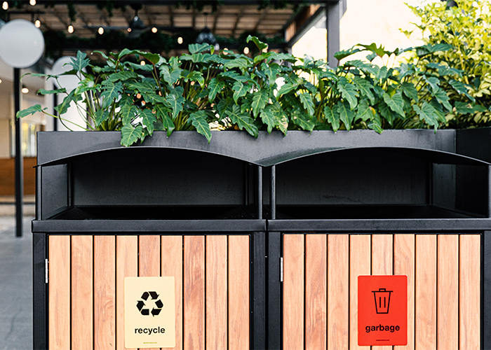 Frame Bin Enclosure (WBE-nF240) dual 240L with aluminium Spotted Gum battens, Textura Night Sky frame.