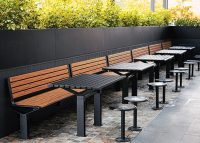 Aria Seat (CMA1), Aria Table (CMA6) and Cafe Stool (S1) in aluminium Spotted Gum and Textura Night Sky.