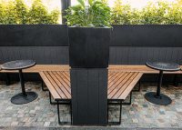 Aria Bench (CMA4), custom bench, Cafe Macchiato Table (T7) in aluminium Spotted Gum, Textura Night Sky.