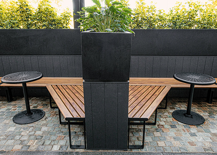 Aria Bench (CMA4), custom bench, Cafe Macchiato Table (T7) in aluminium Spotted Gum, Textura Night Sky.