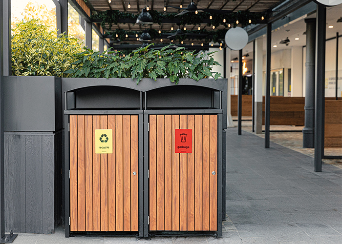 Frame Bin Enclosure (WBE-nF240) dual 240L with aluminium Spotted Gum battens, Textura Night Sky frame.
