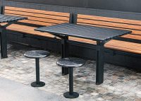 Aria Seat (CMA1), Aria Table (CMA6) and Cafe Stool (S1) in aluminium Spotted Gum and Textura Night Sky.