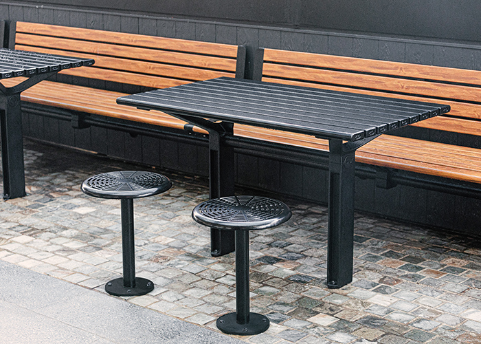Aria Seat (CMA1), Aria Table (CMA6) and Cafe Stool (S1) in aluminium Spotted Gum and Textura Night Sky.
