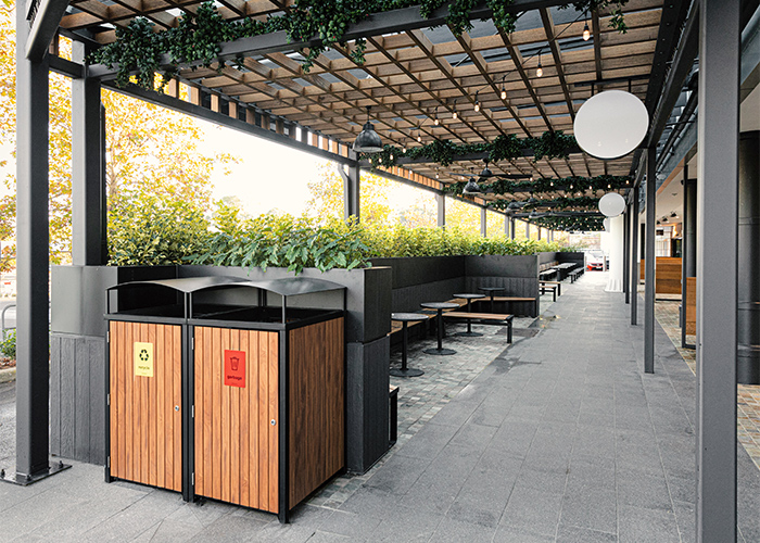 Frame Bin Enclosure (WBE-nF240) dual 240L with aluminium Spotted Gum battens, Textura Night Sky frame.
