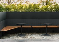 Aria Bench (CMA4), custom bench, Cafe Macchiato Table (T7) in aluminium Spotted Gum, Textura Night Sky.