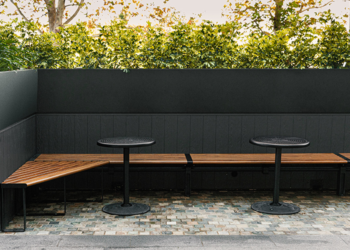 Aria Bench (CMA4), custom bench, Cafe Macchiato Table (T7) in aluminium Spotted Gum, Textura Night Sky.
