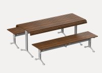 Classic Galleria Table (CMG6, 1750mm) and Classic Galleria Slim Bench (CMG8, 1750mm) with Tee leg, eco-certified hardwood battens and Palladium Silver frame.