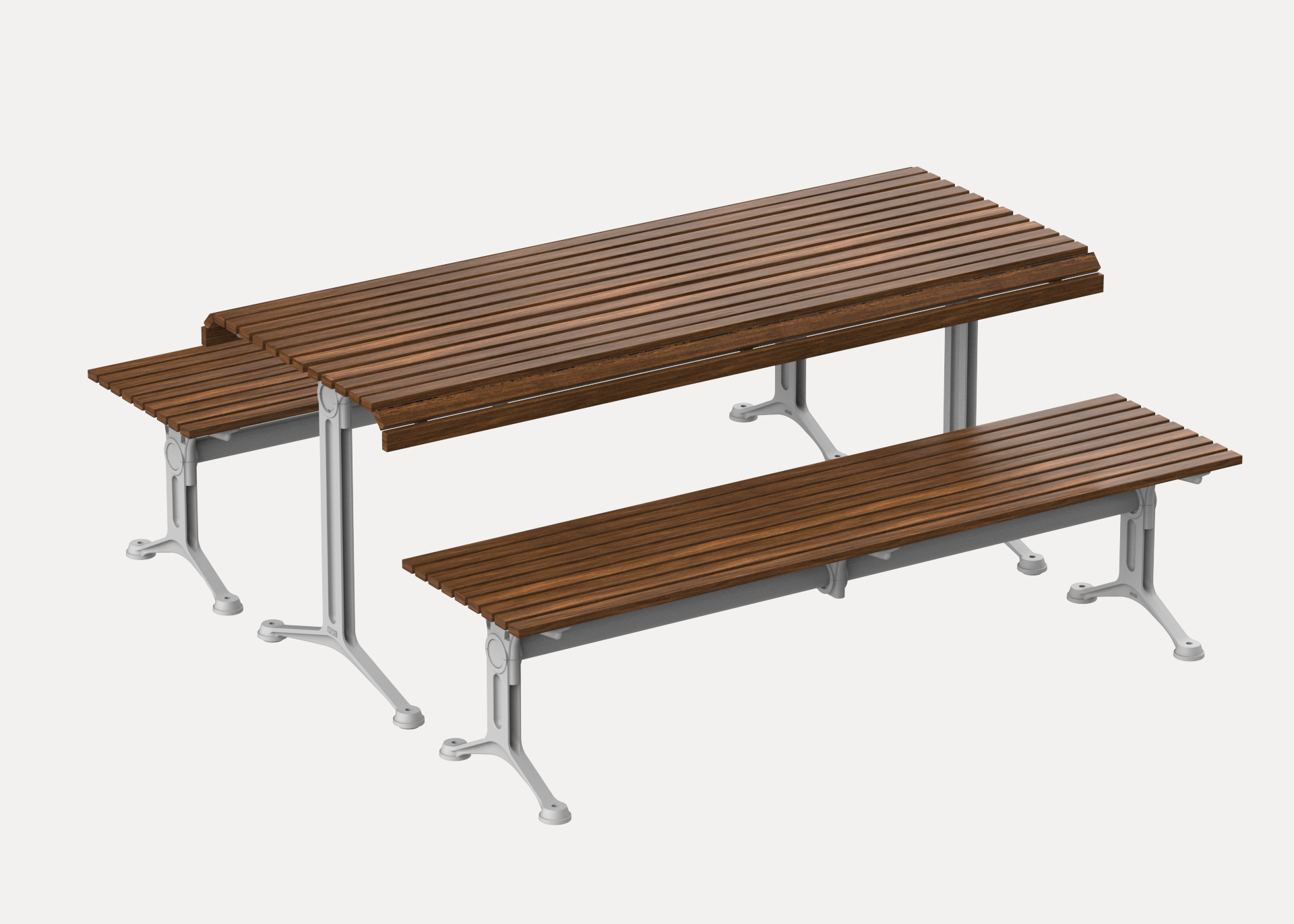 Classic Galleria Table (CMG6, 1750mm) and Classic Galleria Slim Bench (CMG8, 1750mm) with Tee leg, eco-certified hardwood battens and Palladium Silver frame.