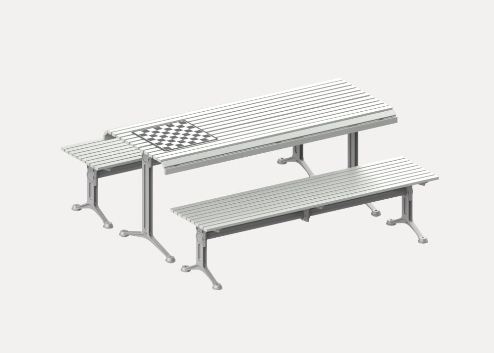 Classic Galleria Table (CMG6, 1750mm) and Classic Galleria Slim Bench (CMG8, 1750mm) with Tee leg, aluminium anodised battens and Palladium Silver frame. With chessboard.