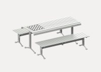 Classic Galleria Table (CMG6, 1750mm) and Classic Galleria Slim Bench (CMG8, 1750mm) with Tee leg, aluminium anodised battens and Palladium Silver frame. With chessboard.