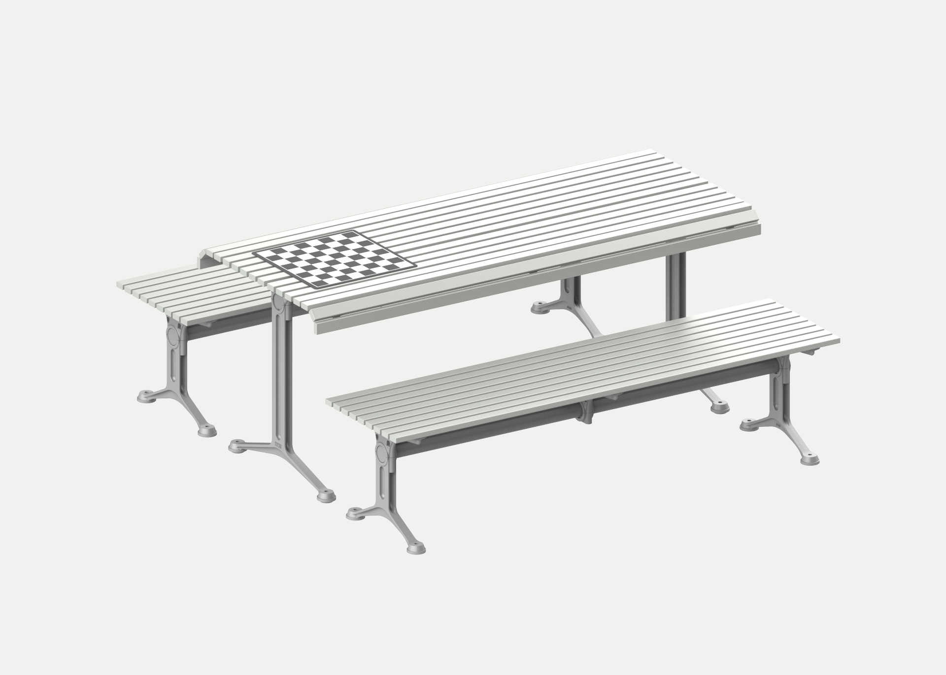 Classic Galleria Table (CMG6, 1750mm) and Classic Galleria Slim Bench (CMG8, 1750mm) with Tee leg, aluminium anodised battens and Palladium Silver frame. With chessboard.