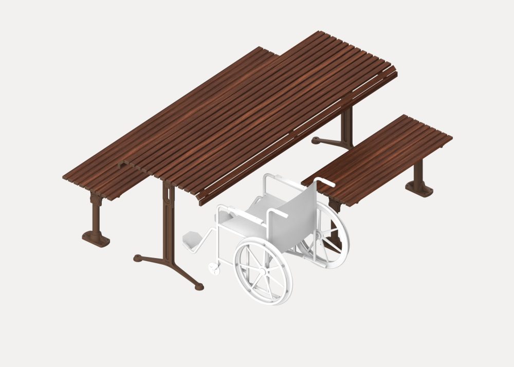 Classic Galleria Table (CMG6-DDA, 2100mm) with Tee leg and Classic Galleria Slim Bench (CMG8) with Post leg, with aluminium Bush Cherry battens and Core Ten frames. Side access for wheelchair users.