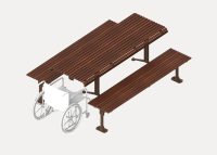 Classic Galleria Table (CMG6-DDA, 2100mm) with Tee leg and Classic Galleria Slim Bench (CMG8, 2100mm) with Post leg, with aluminium Bush Cherry battens and Core Ten frames. Single end access for wheelchair users.