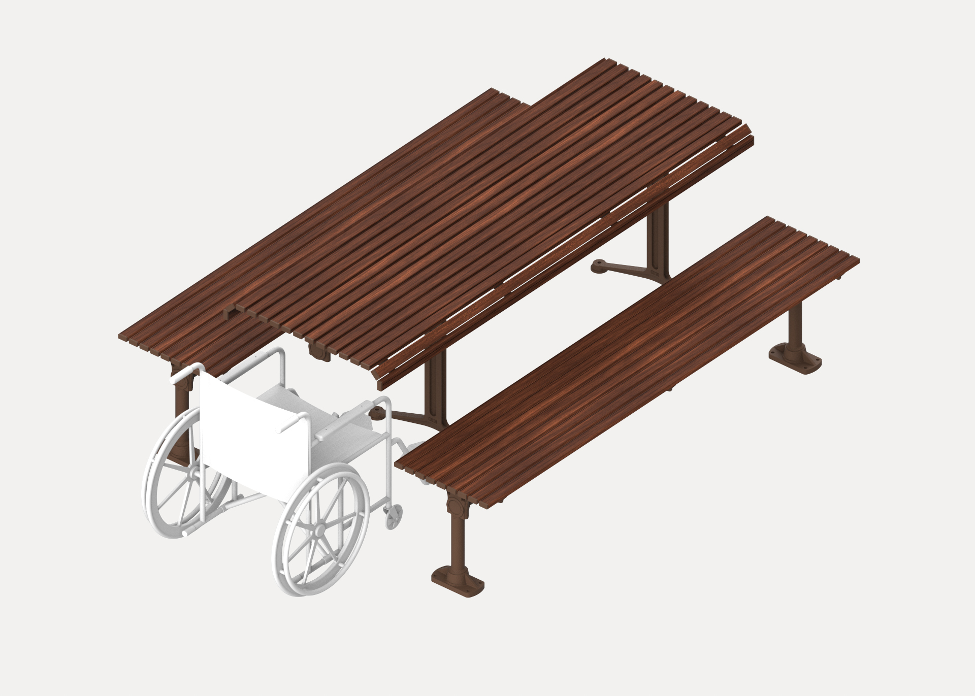 Classic Galleria Table (CMG6-DDA, 2100mm) with Tee leg and Classic Galleria Slim Bench (CMG8, 2100mm) with Post leg, with aluminium Bush Cherry battens and Core Ten frames. Single end access for wheelchair users.