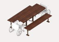 Classic Galleria Table (CMG6-DDA, 2100mm) with Tee leg and Classic Galleria Slim Bench (CMG8, 2100mm) with Post leg, with aluminium Bush Cherry battens and Core Ten frames. Double end access for wheelchair users.