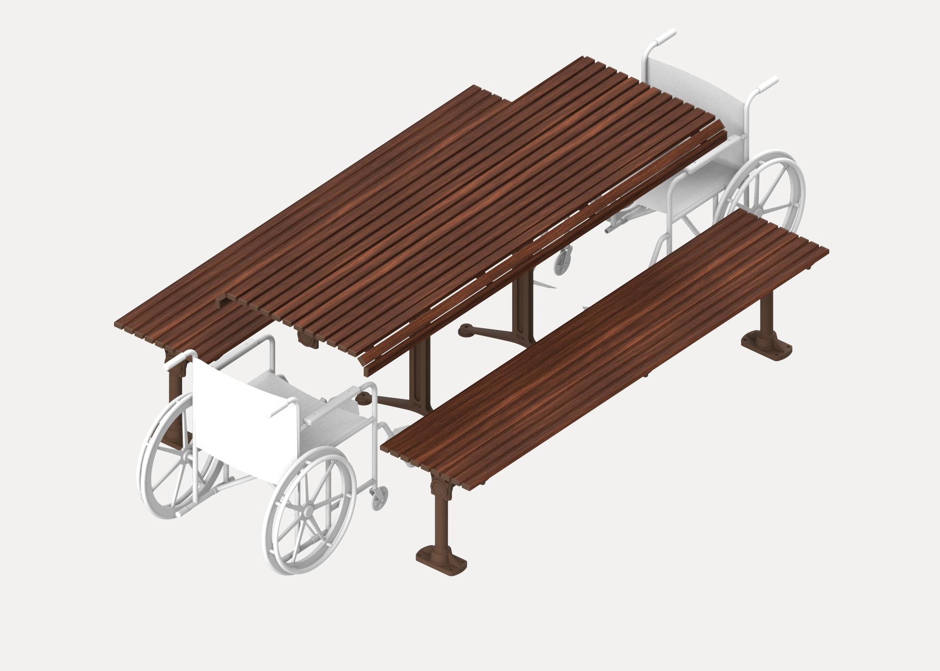 Classic Galleria Table (CMG6-DDA, 2100mm) with Tee leg and Classic Galleria Slim Bench (CMG8, 2100mm) with Post leg, with aluminium Bush Cherry battens and Core Ten frames. Double end access for wheelchair users.