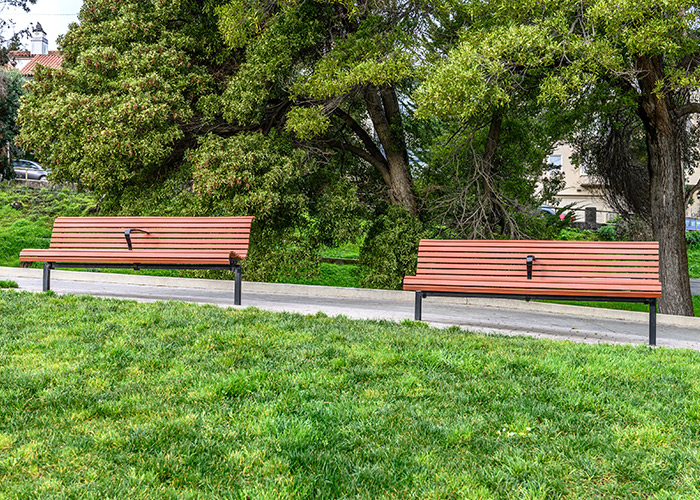 Classic Plaza Seats with legs tailored to level on a slope.