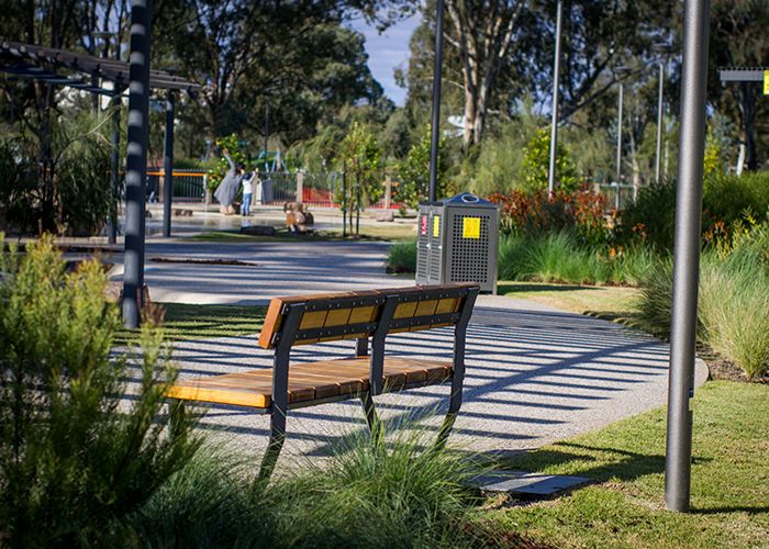 Custom seat designed by Tract, manufactured by Street Furniture Australia. Credit: J & E Photography