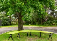 Mall Curved Slim Bench, powdercoated in Lycra Strip green with Night Sky frames.