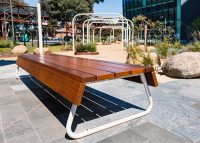 Custom bench, designed by SBLA, with hardwood battens and custom Shoji White frame.