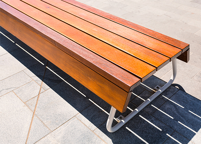 Custom bench, designed by SBLA, with hardwood battens and custom Shoji White frame.