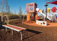 Mall Slim Bench, battens in Pearl White, Safety Yellow, Sensation Orange and Lobster Red.