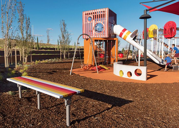 Mall Slim Bench, battens in Pearl White, Safety Yellow, Sensation Orange and Lobster Red.