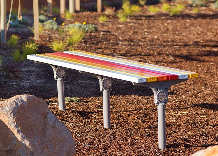 Mall Slim Bench, battens in Pearl White, Safety Yellow, Sensation Orange and Lobster Red.