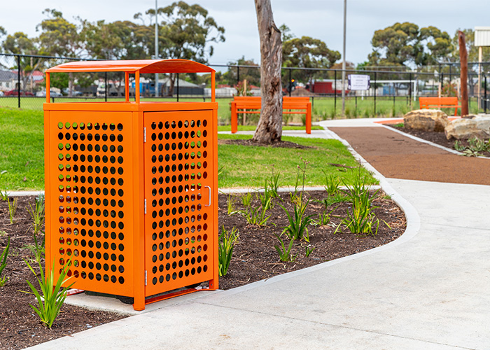 Frame Bin Enclosure (WBE-1F120-PAN) with Sensation Orange panels in Holes perforation, Curved roof.