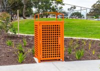 Frame Bin Enclosure (WBE-1F120-PAN) with Sensation Orange panels in Holes perforation, Curved roof.