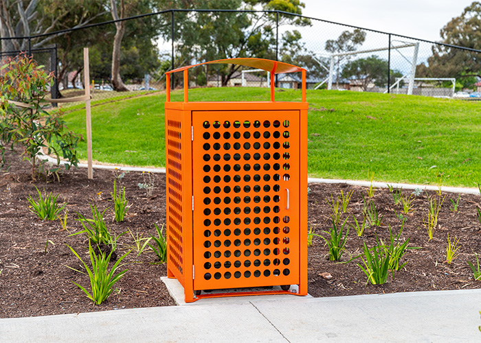 Frame Bin Enclosure (WBE-1F120-PAN) with Sensation Orange panels in Holes perforation, Curved roof.