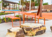 Linea Table (LIT10, 1800) with Linea Benches (LIB6, 1500) in Sensation Orange.