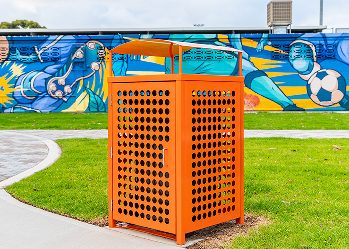 Frame Bin Enclosure (WBE-1F120-PAN) with Sensation Orange panels in Holes perforation, Curved roof.