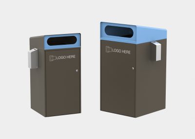 Escola Bin Enclosure (WBE-E120, WBE-E240) with Angled roof, Textura Dark Bronze panels and custom etching. Horizon Blue roof and Slot inserts. Fitted with Ash Box (AC5).