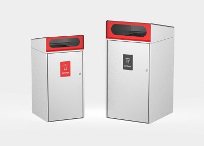 Escola Bin Enclosure (WBE-E120, WBE-E240) with Angled roof, Brushed Stainless Steel panels and Lobster Red Slot inserts. Signage plate in Lobster Red and Textura Monument.