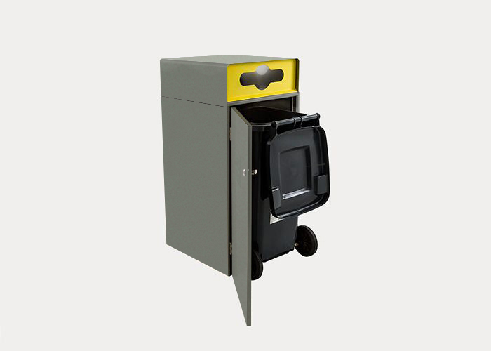 Escola Bin Enclosure (WBE-E120) with recycling insert in yellow. This product includes the internal wheeled bin in the USA only.