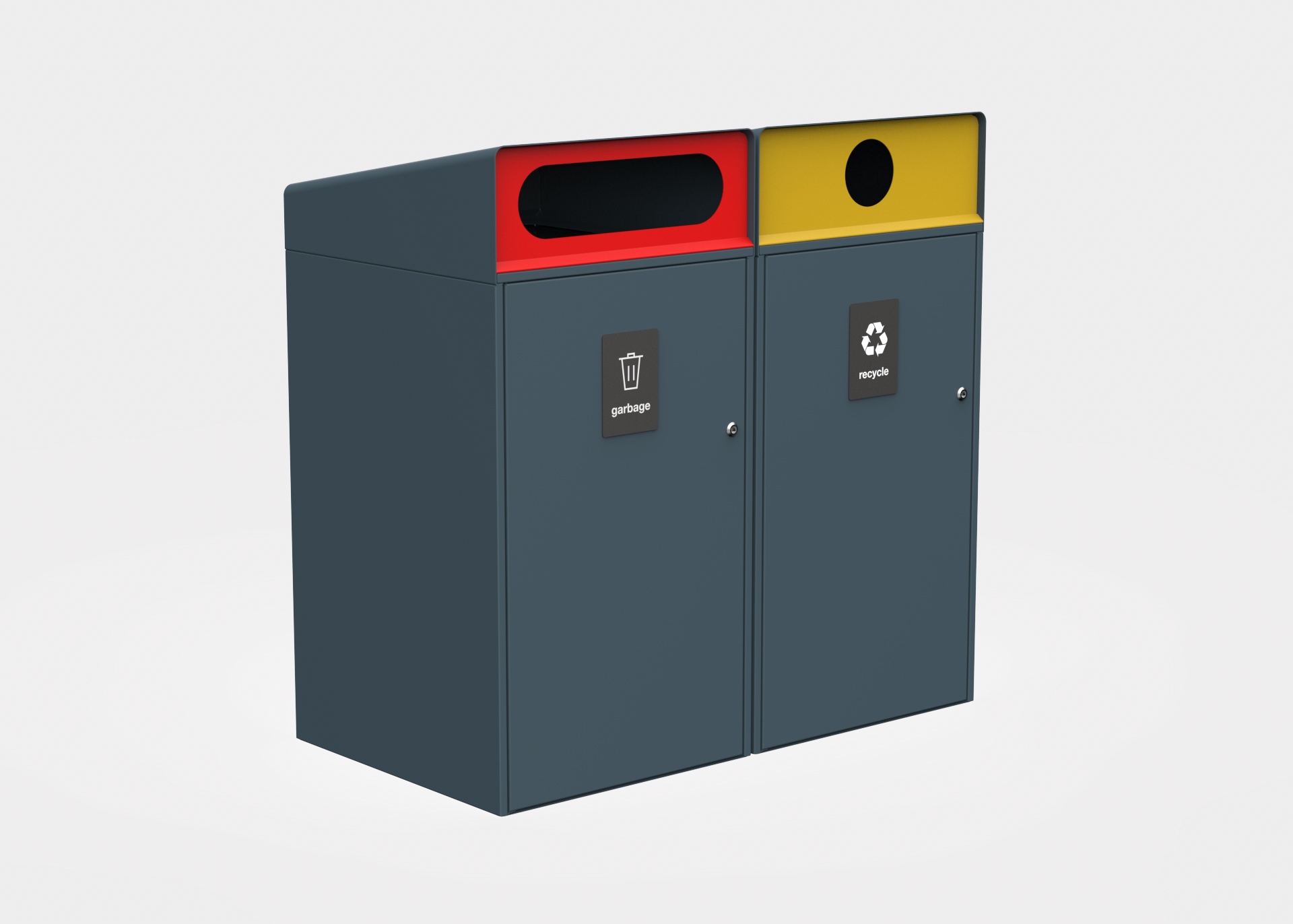 Escola Bin Enclosure (WBE-E240) dual unit with Angled roof, Textura Deep Ocean panels and signage plate in Textura Monument. Lobster Red Slot insert and Mustard Circular insert.