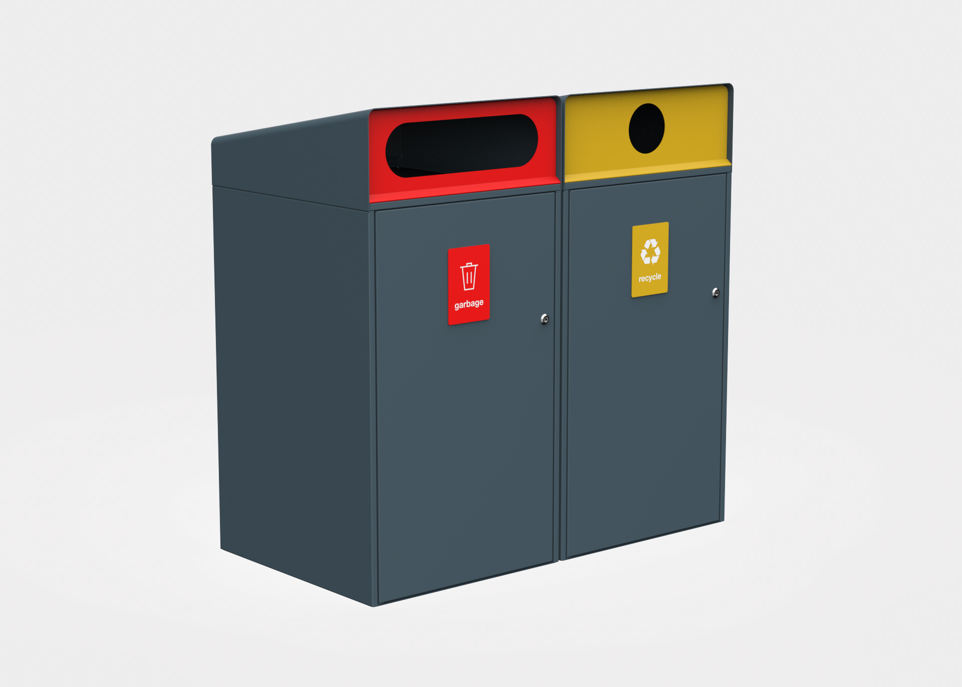 Escola Bin Enclosure (WBE-E240) dual unit with Angled roof, Textura Deep Ocean panels and signage plate. Lobster Red Slot insert and Mustard Circular insert.
