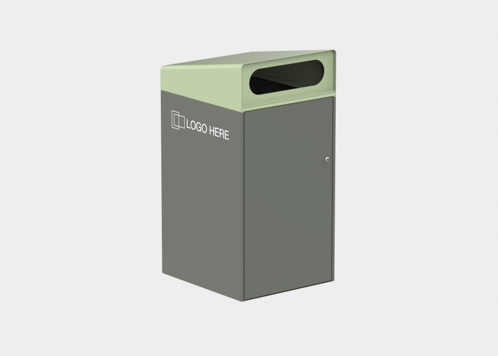 Escola Bin Enclosure (WBE-E240) with Angled roof, Textura Woodland Grey panels, custom etching. Pale Eucalypt Green roof with Slot insert.