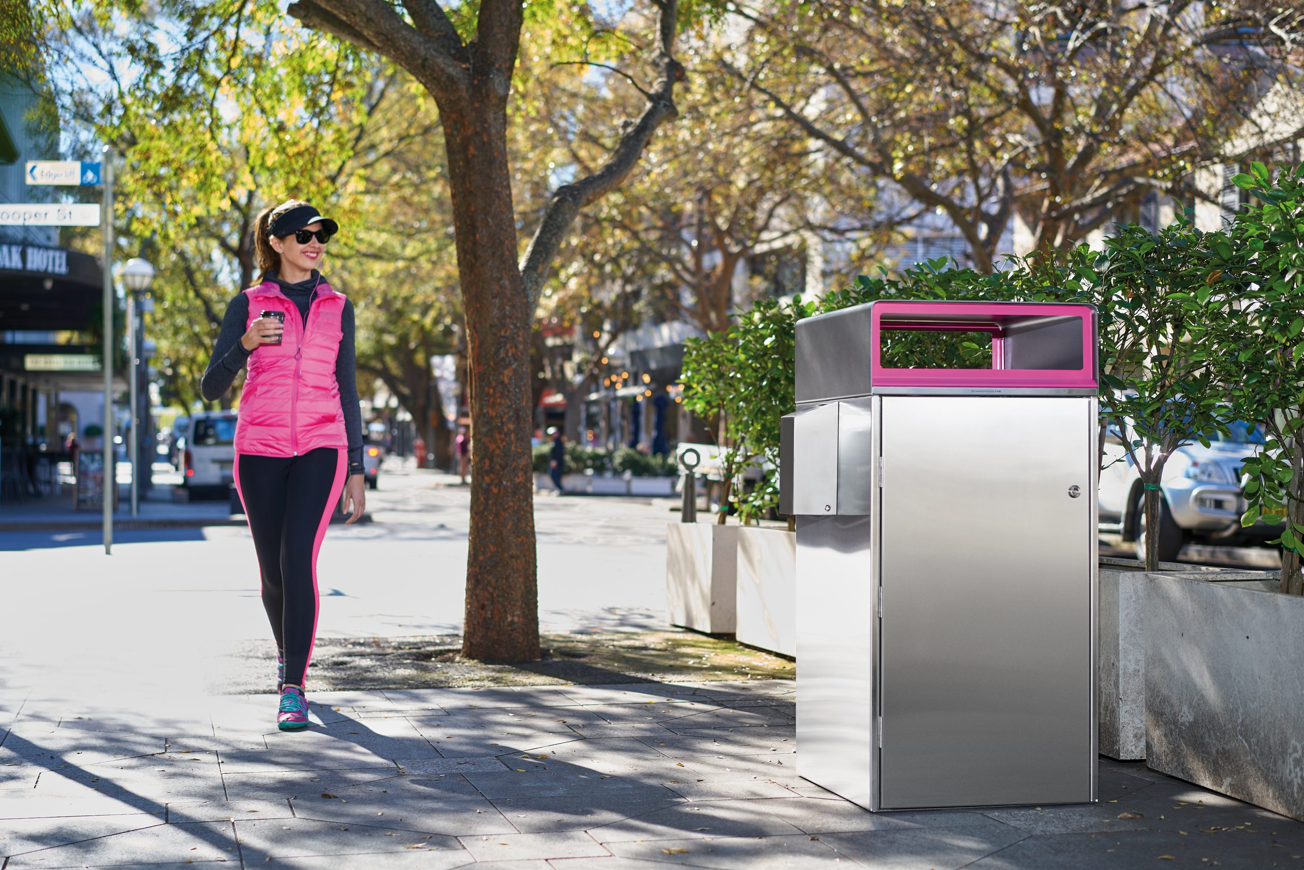 Escola Bin Enclosure (WBE-E120) with Flat roof, stainless body and Telemagenta Pink Rectangular insert. Fitted with Ash Box (AC5).