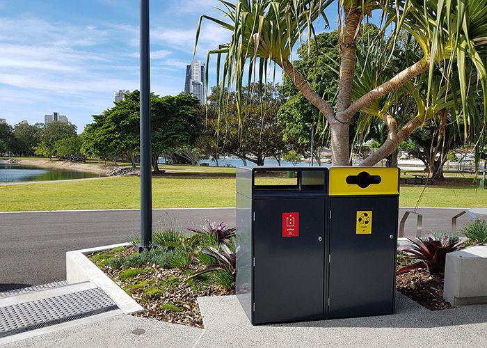 Escola Bin Enclosure (WBE-E240), dual unit with Flat roof, Ironstone Satin panels, signage plate.