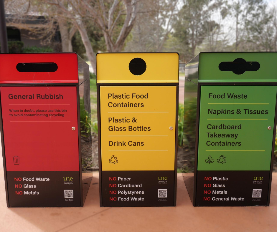 Escola Bin Enclosure (WBE-E240), tailored signage in Lobster Red, Viper Green, Brilliant Yellow. Charcoal body.