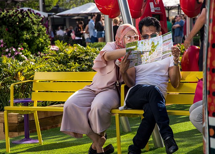 Checking the map and recharging at Future Street.