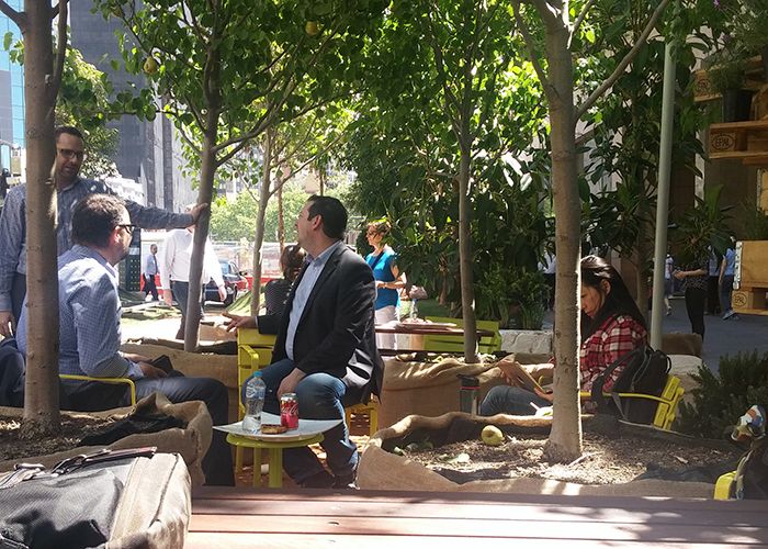 Outdoor meetings with Forum Seats and canopy by Andreasens Green.