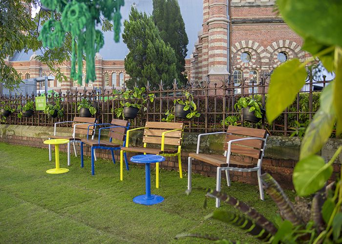 The #GreenTheStreet installation on Gregory Terrace is a leafy oasis featuring Forum Seats and Cafe Stools.