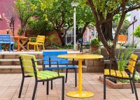 Cafe Round Table and Forum Seats in Lycra Strip, Sunshine and Bondi Blue, with Textura Monument frames.