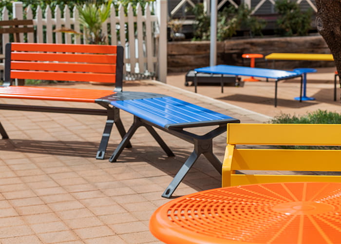 Aria Seat, Forum Seat and Cafe Round Table in Sensation Orange, Bondi Blue and Sunshine.